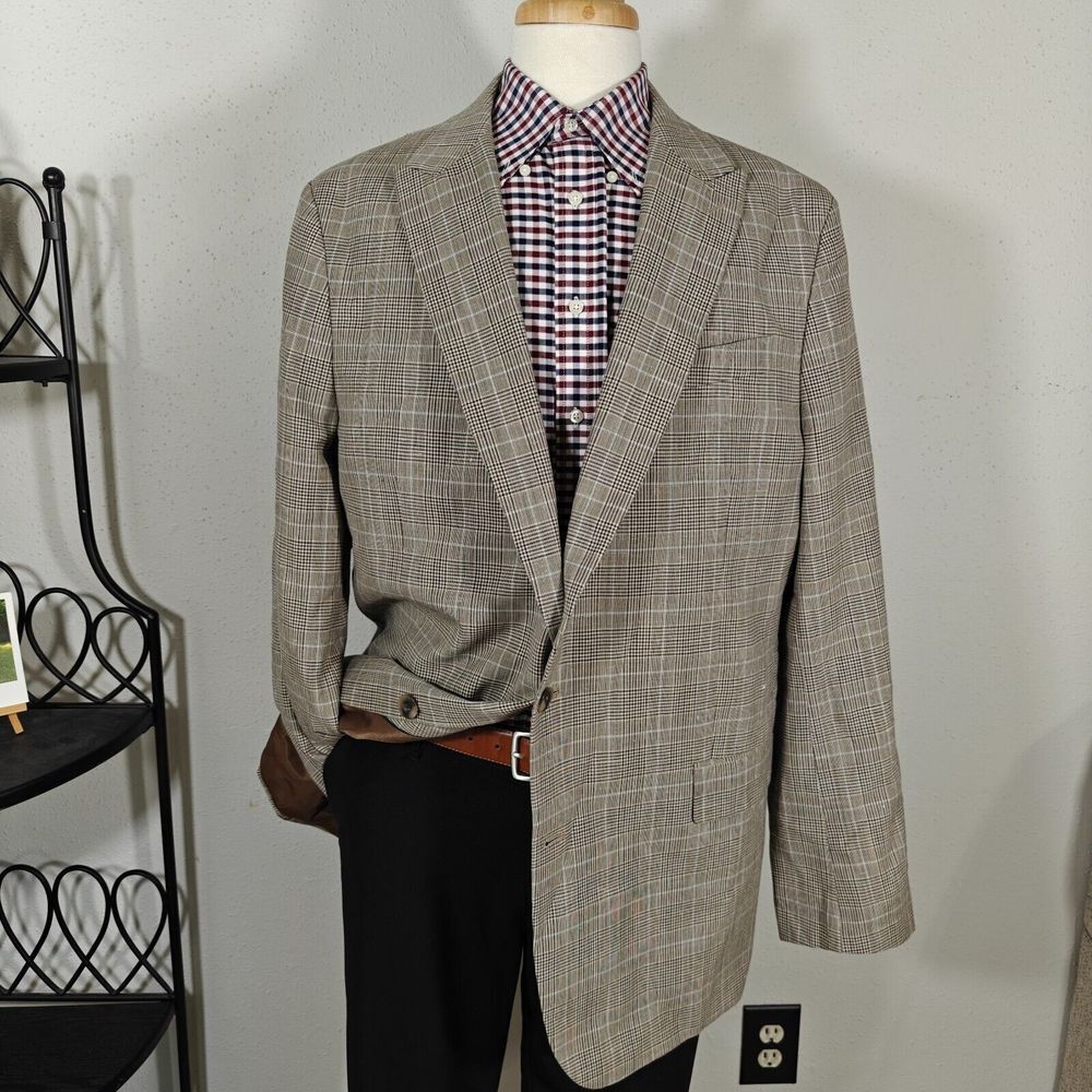 Stafford Men's Luxury Sport Coat Unstructured Brown Plaid Wool Blend Peak 48L